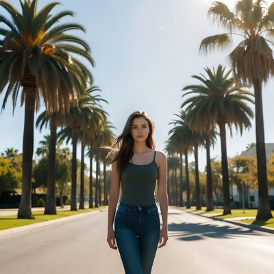 Woman walking palm tree street