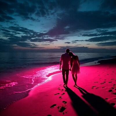 Couple walking on pink beach sunset