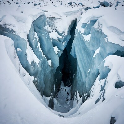 Deep crevasse in glacier with snow
