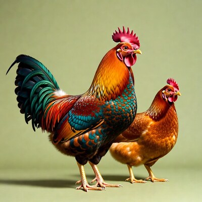Colorful Rooster and Hen Standing Together