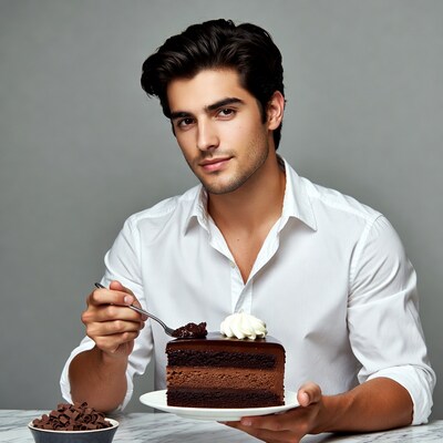 Handsome man holding chocolate cake