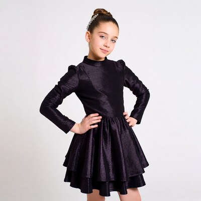 Girl in shiny black dress posing