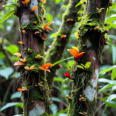 Mossy Trees with Orange Orchids