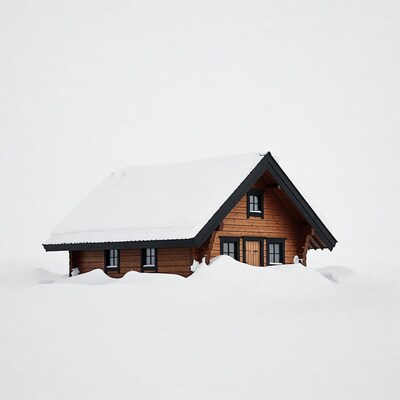 Wooden cabin buried in snow