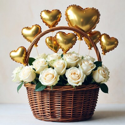 Wicker Basket with White Roses and Gold Heart Balloons