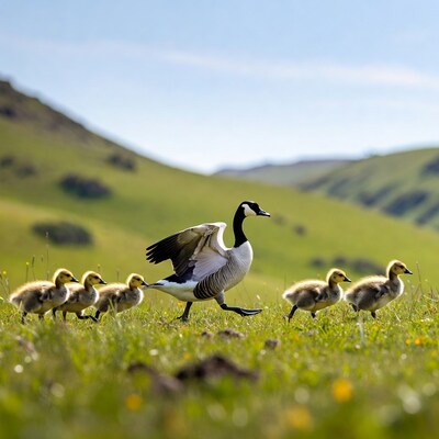 Canada Goose with Goslings in Grassland
