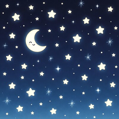 Smiling Crescent Moon and Stars