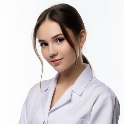 Young woman in white lab coat