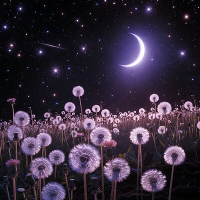 Dandelion Field Under Starry Moonlit Sky