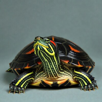 Red-Eared Slider Turtle on Gray Background