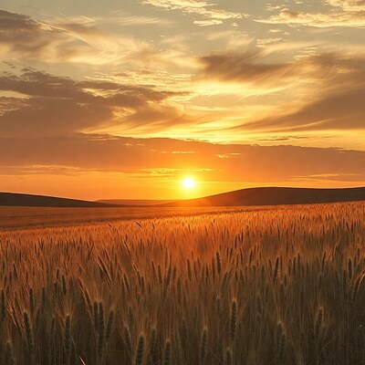 Sunset over golden wheat field