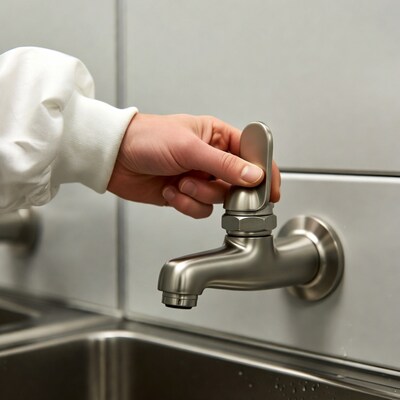 Hand turning faucet in kitchen sink