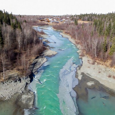 Aerial view of turquoise river and village