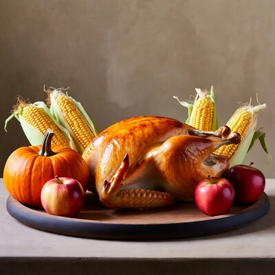 Roasted Turkey with Corn Pumpkins Apples