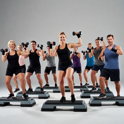 Group fitness class on step platforms