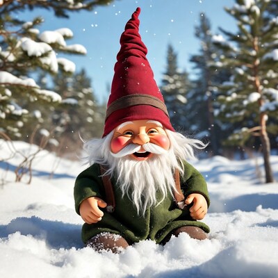 Smiling garden gnome in snowy forest