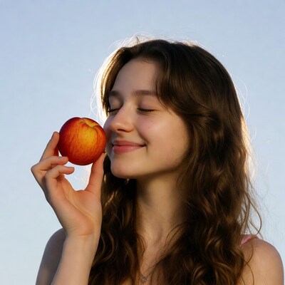 Girl holding red apple to lips