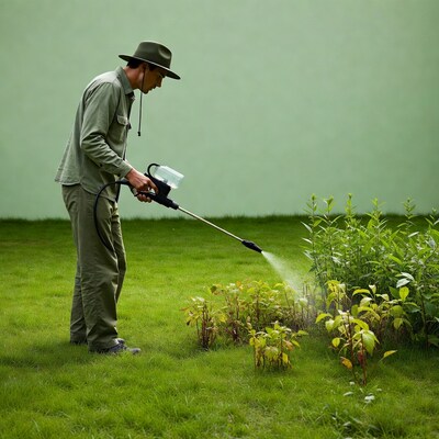 Man spraying plants with sprayer