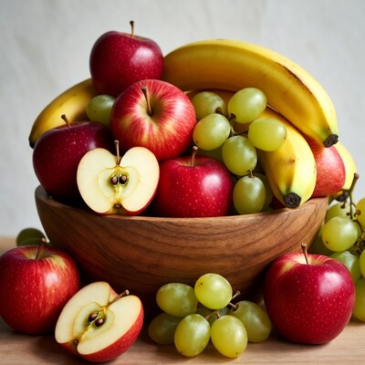 Wooden Bowl of Apples, Bananas, Grapes