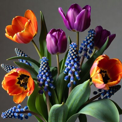 Orange Purple Blue Tulips Hyacinths Bouquet