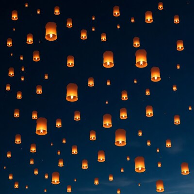 Floating Sky Lanterns at Night