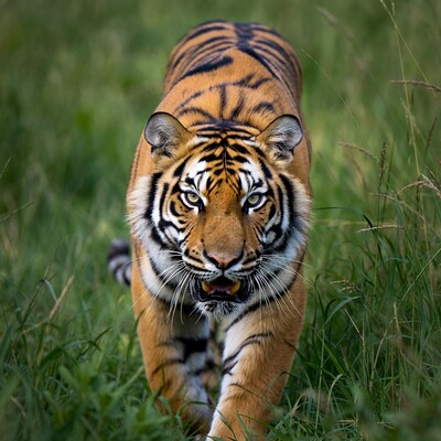 Tiger walking in tall grass