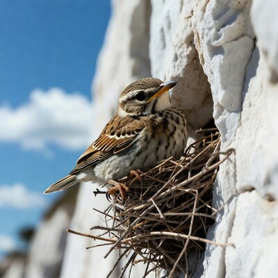 Bird in nest on white rock cliff