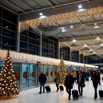 Christmas-decorated airport terminal with travelers