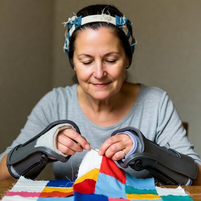 Woman quilting with arm braces