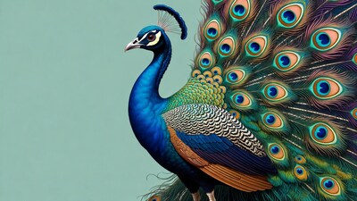 Blue peacock with tail feathers