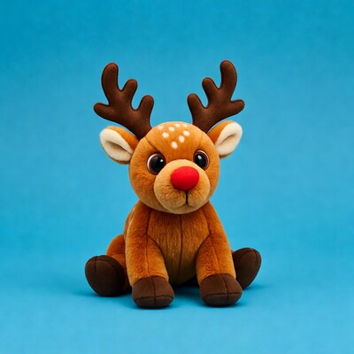 Rudolph Reindeer Plush Toy on Blue Background