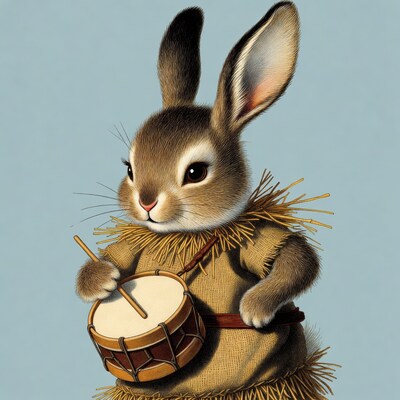 Bunny playing drum in grass costume
