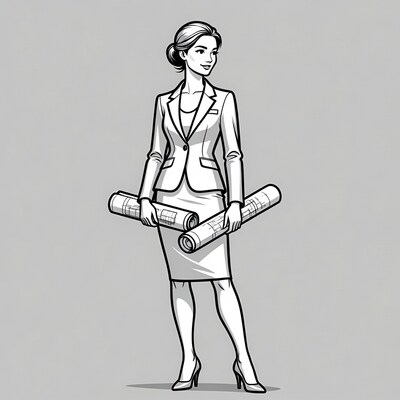 Woman holding blueprints in suit