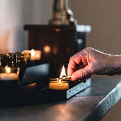 Elderly hand lighting candle
