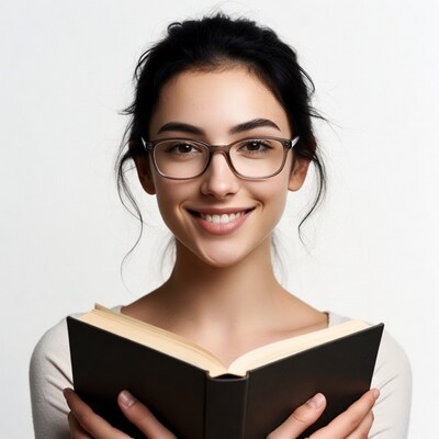 Smiling woman holding open book