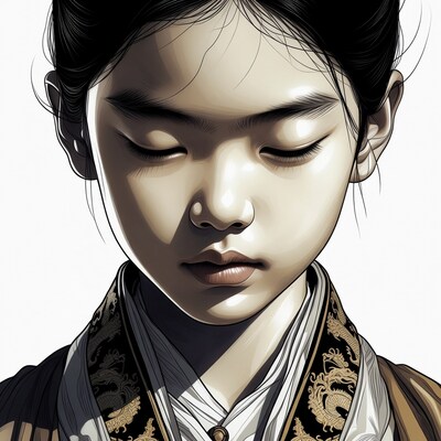 Asian girl in hanfu with eyes closed