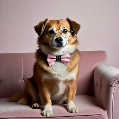 Dog wearing glasses and bowtie on pink sofa