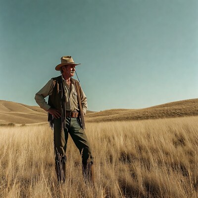 Cowboy standing in grassy field