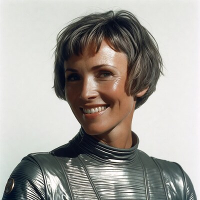 Woman smiling in metallic silver outfit