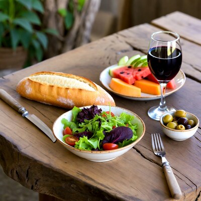 Healthy salad baguette watermelon wine table