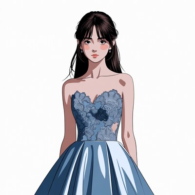 Asian woman in blue lace gown
