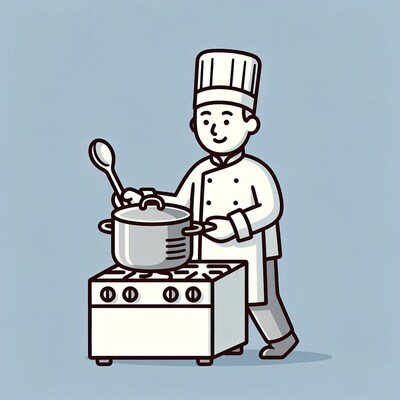 Cartoon chef stirring pot on stove