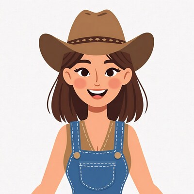 Smiling woman in cowboy hat and overalls