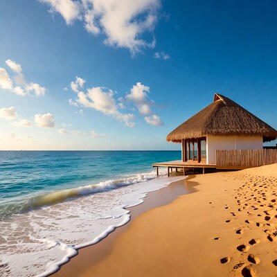 Thatched Beach Hut on Sandy Shore