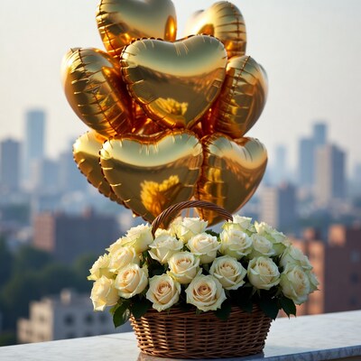 Gold heart balloons white roses city skyline