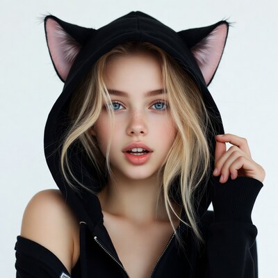 Blonde woman in cat ear hoodie
