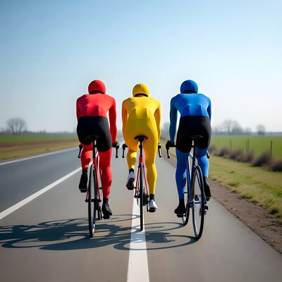 Three cyclists in red yellow blue suits