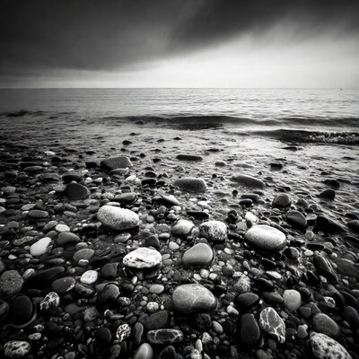 Black and White Pebble Beach Waves