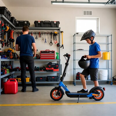 Boy with helmet next to electric scooter