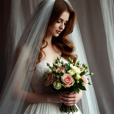 Bride with bouquet in veil